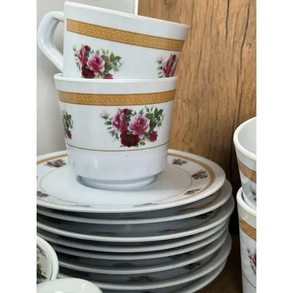 Vintage Rose Tea Set Sugar Creamer 8 Cups & Saucers - Picture 4 of 4